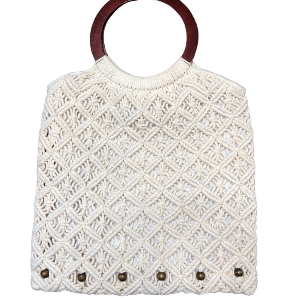 Bohemian Macrame Tote Bag Wooden Ring Handles Cream Knitted Shoulder Bag - Picture 4 of 13